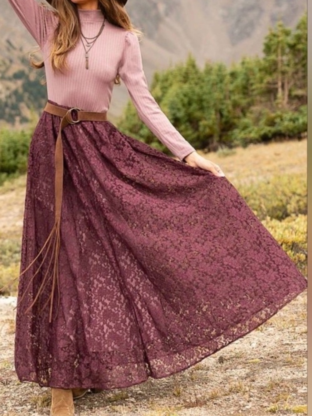 Joyfolie Mía Joy Lace Maxi Dress in Plum and Dusty Rose
